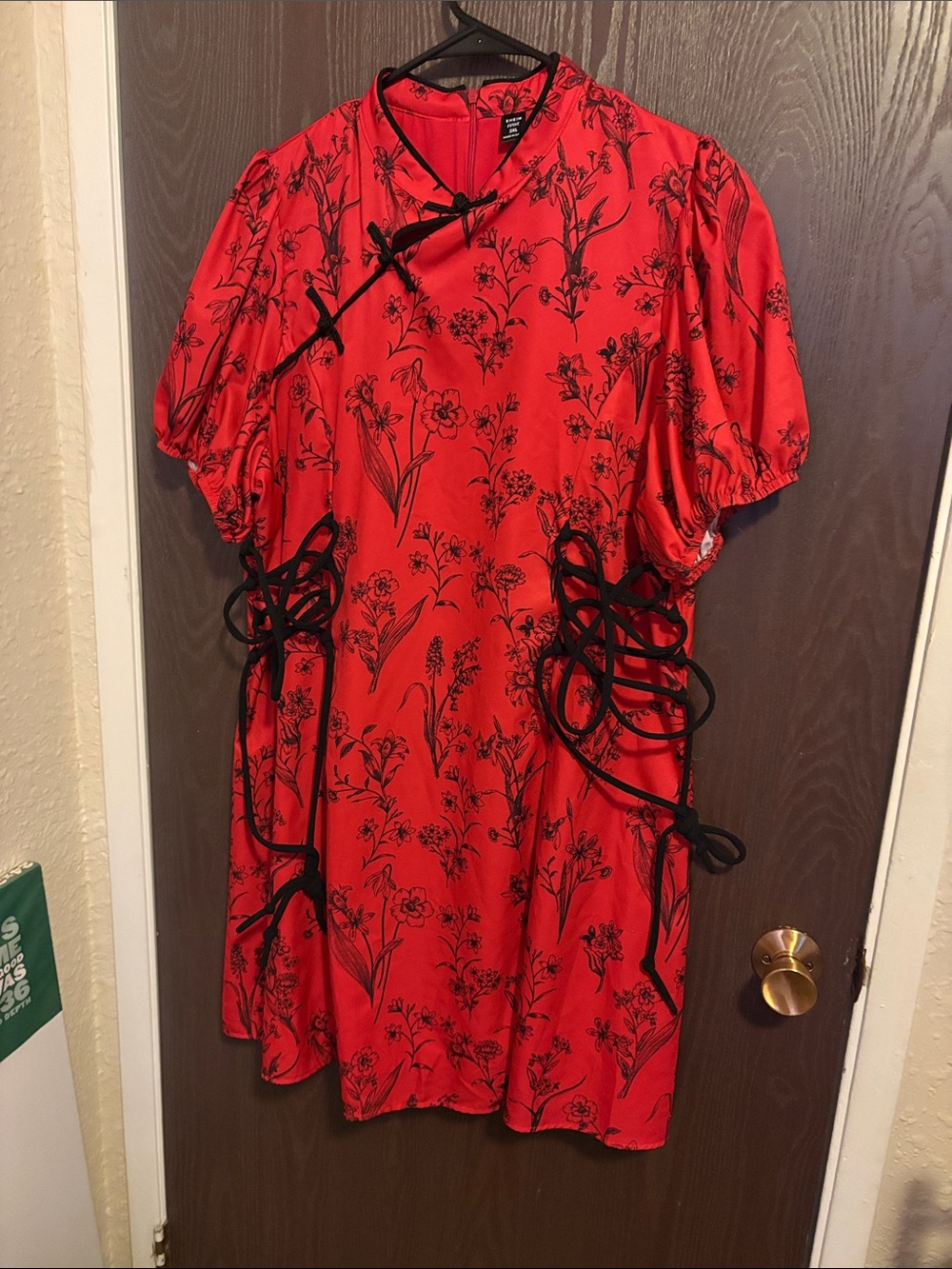 Shein Curve Red Floral Satin Dress with Black Trim
